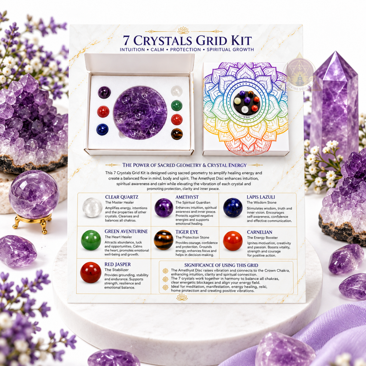 Mental Peace Energy Generator – Amethyst 7 Crystal Grid