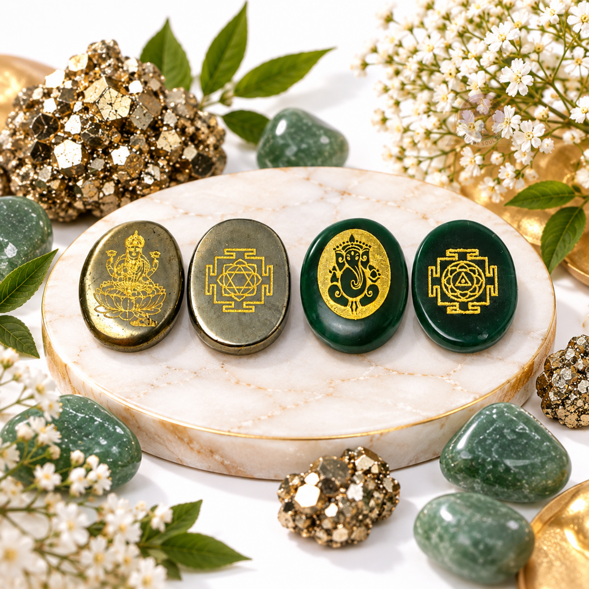 Dhan Vriddhi Set – Pyrite Lakshmi & Green Aventurine Ganesha