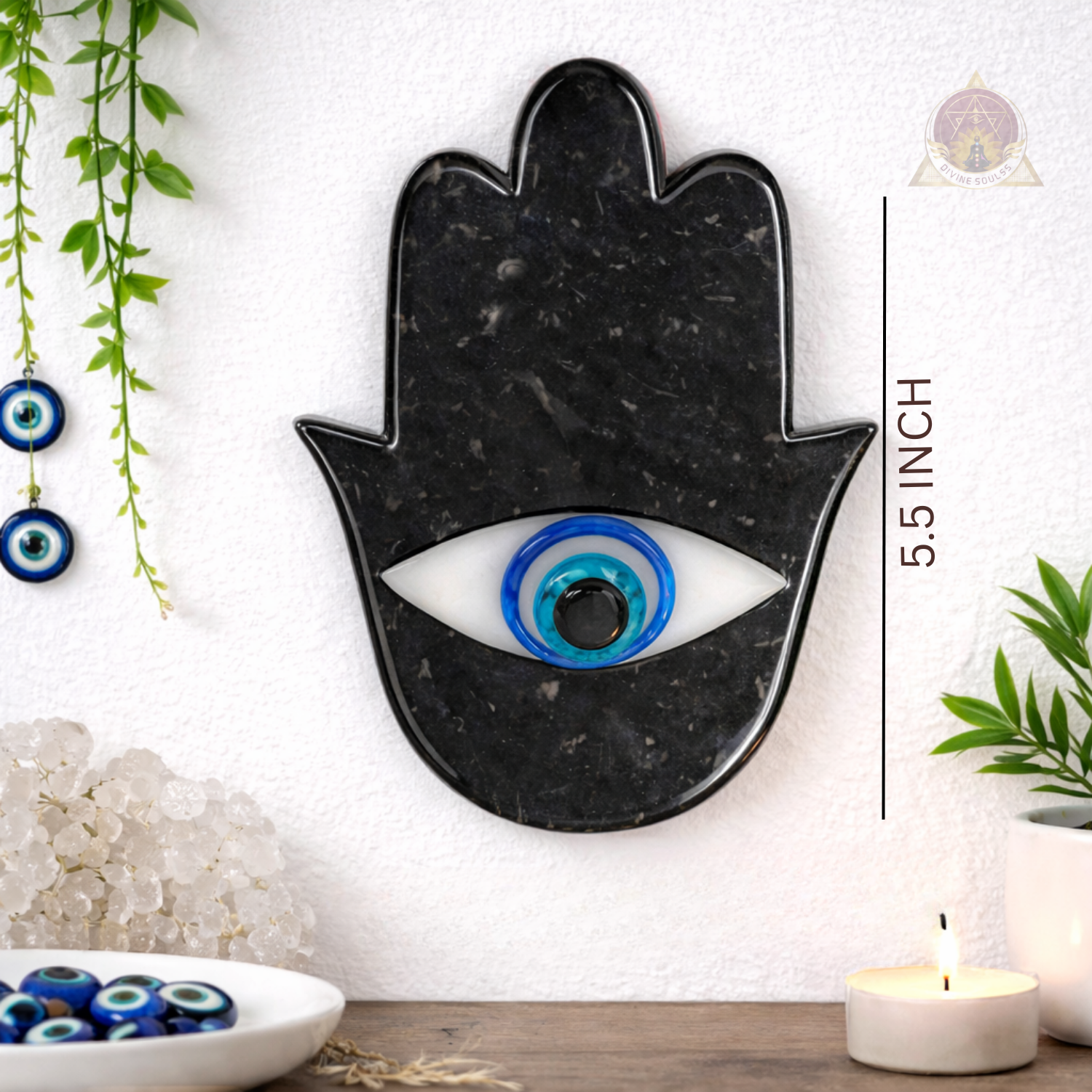 Hamsa With Evil Eye Wall Hanging (Small) – Black Tourmaline