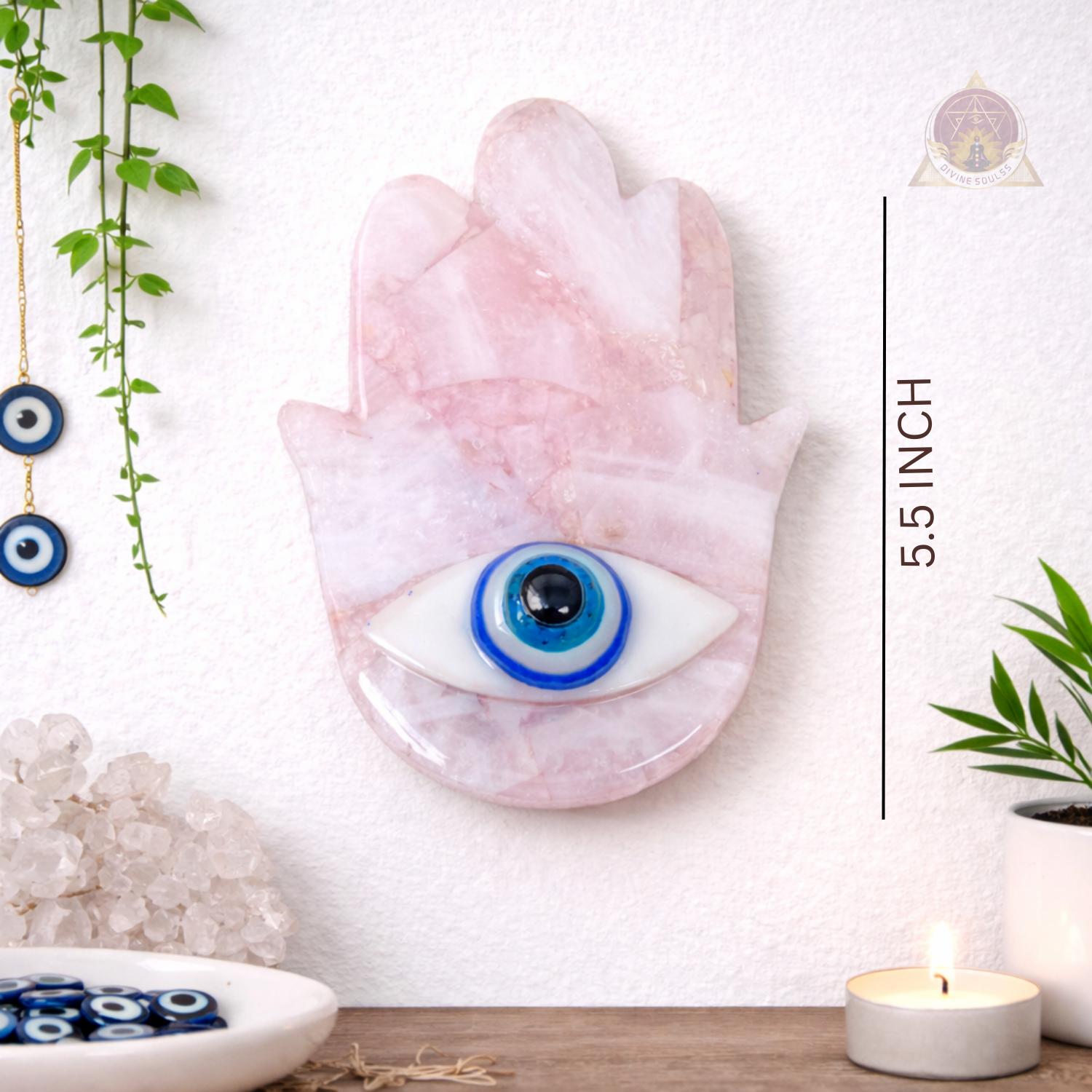 Hamsa With Evil Eye Wall Hanging (Small) – Rose Quartz