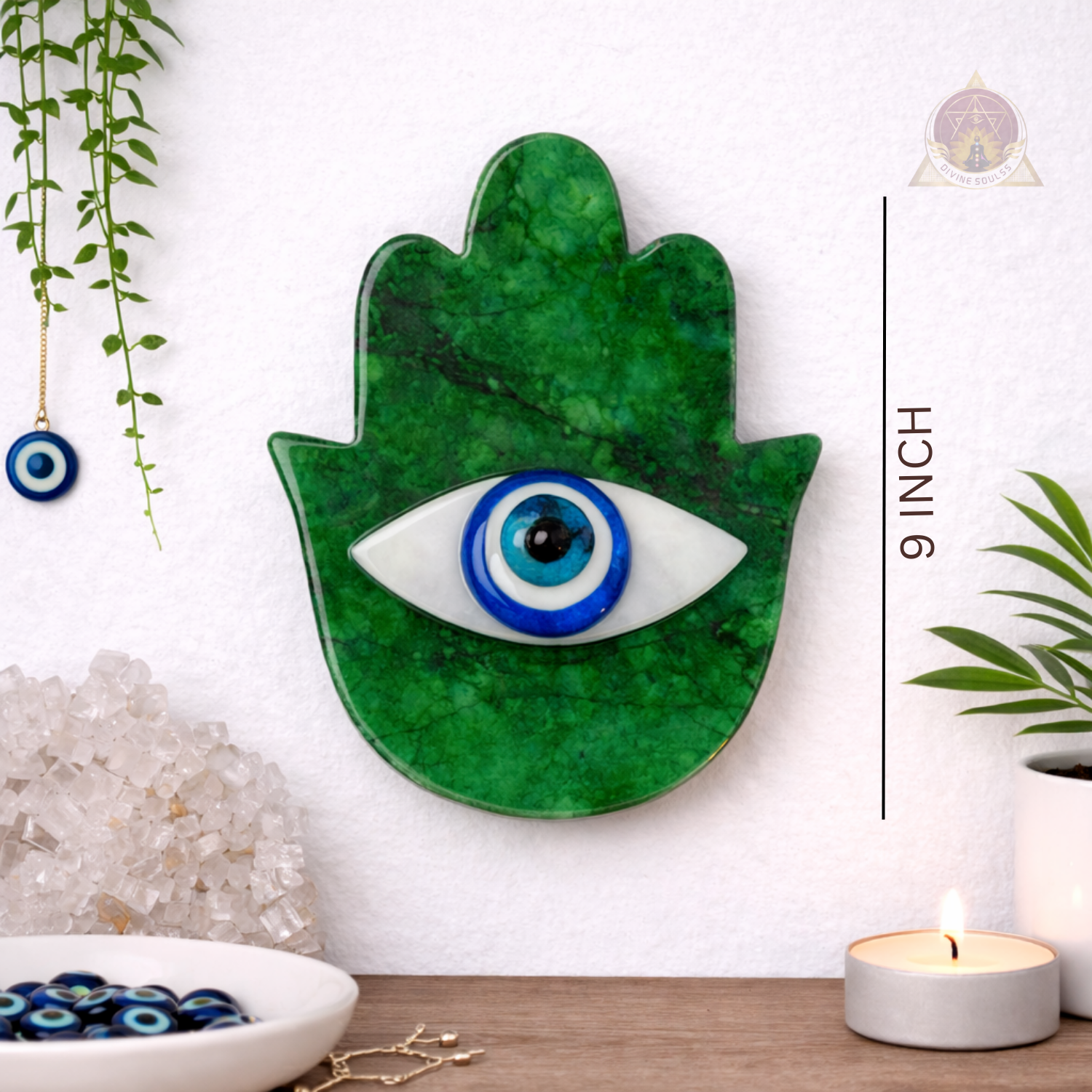 Hamsa With Evil Eye Wall Hanging – Green Strawberry Quartz