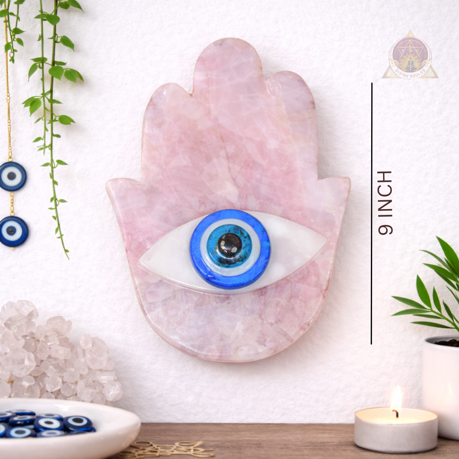 Hamsa With Evil Eye Wall Hanging – Rose Quartz