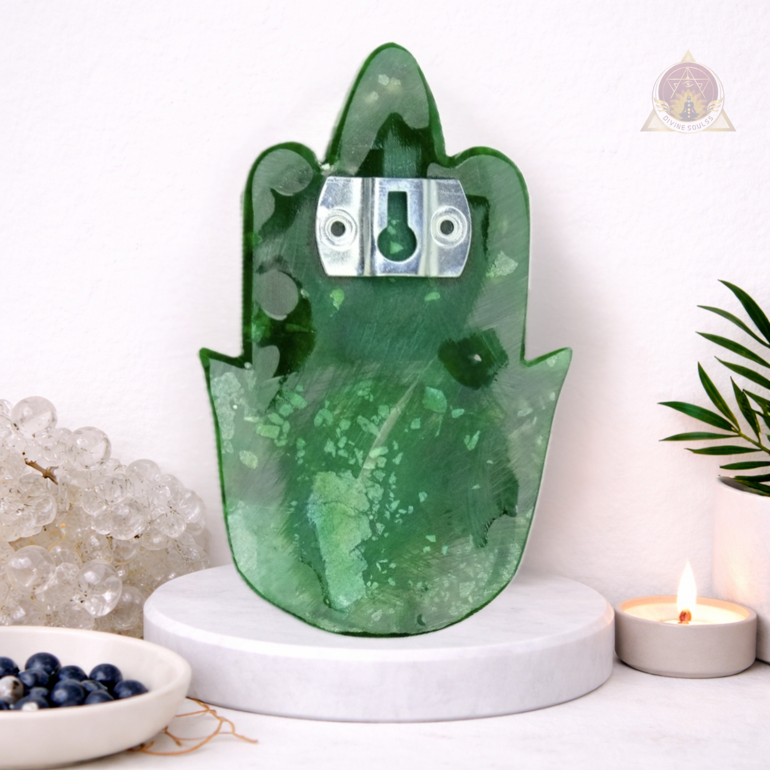 Hamsa With Evil Eye Wall Hanging (small) – Green Strawberry Quartz