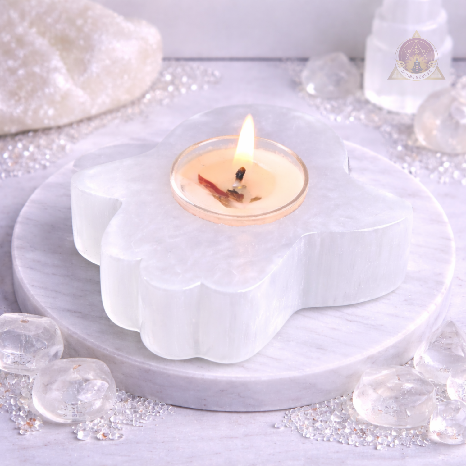 Selenite Hamsa – Tea Light Holder